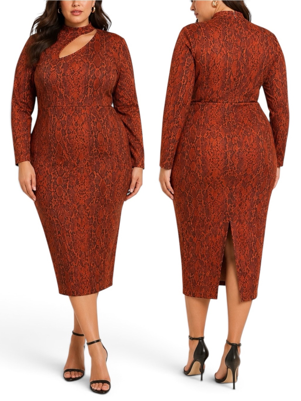ELOQUII Snake Print Cutout Mock Neck Bodycon Midi Dress Rust Size 18 NWT